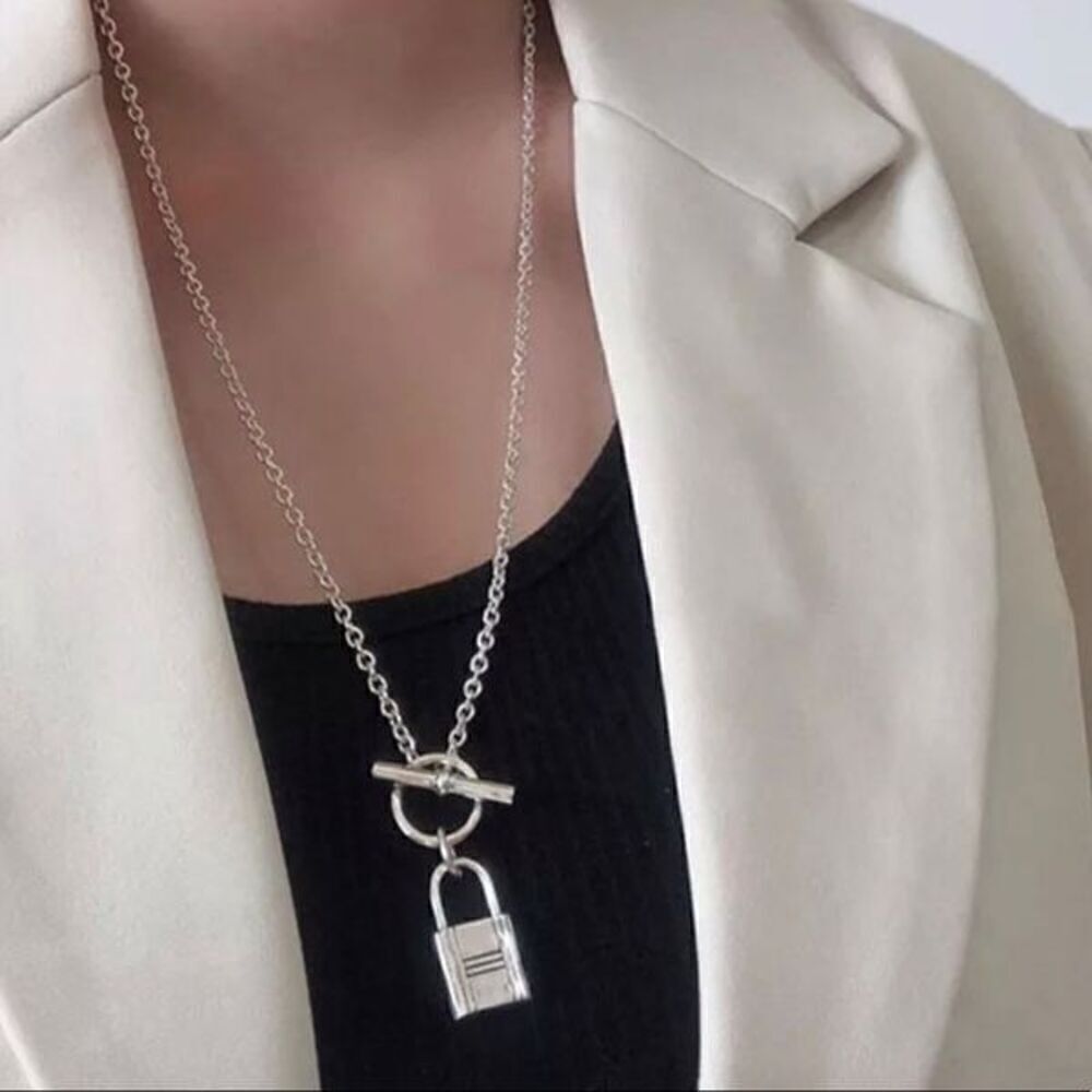 Lock It Down Long silver necklace with lock and toggle closure